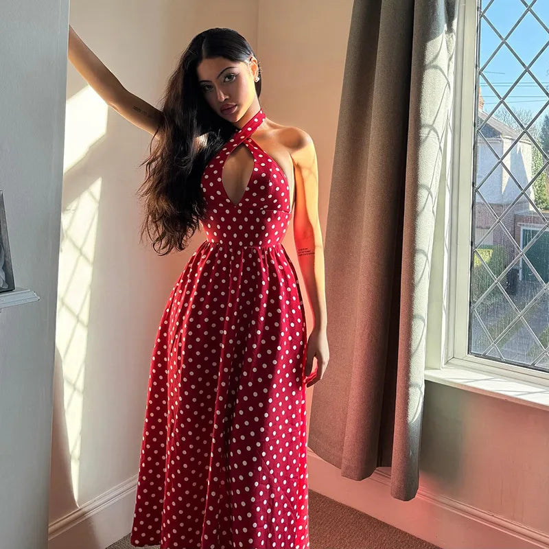 Sexy Deep V-neck Red Polka Dot Hanging Neck Dress
