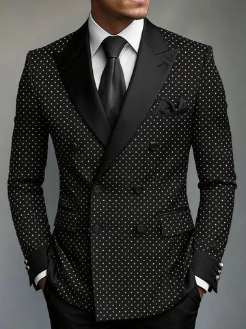 Men Black White Polka Dot Double Breasted Tuxedo Black Satin Peak Lapel Slim Fit Wedding Groom Blazer Formal Party Suit Jacket
