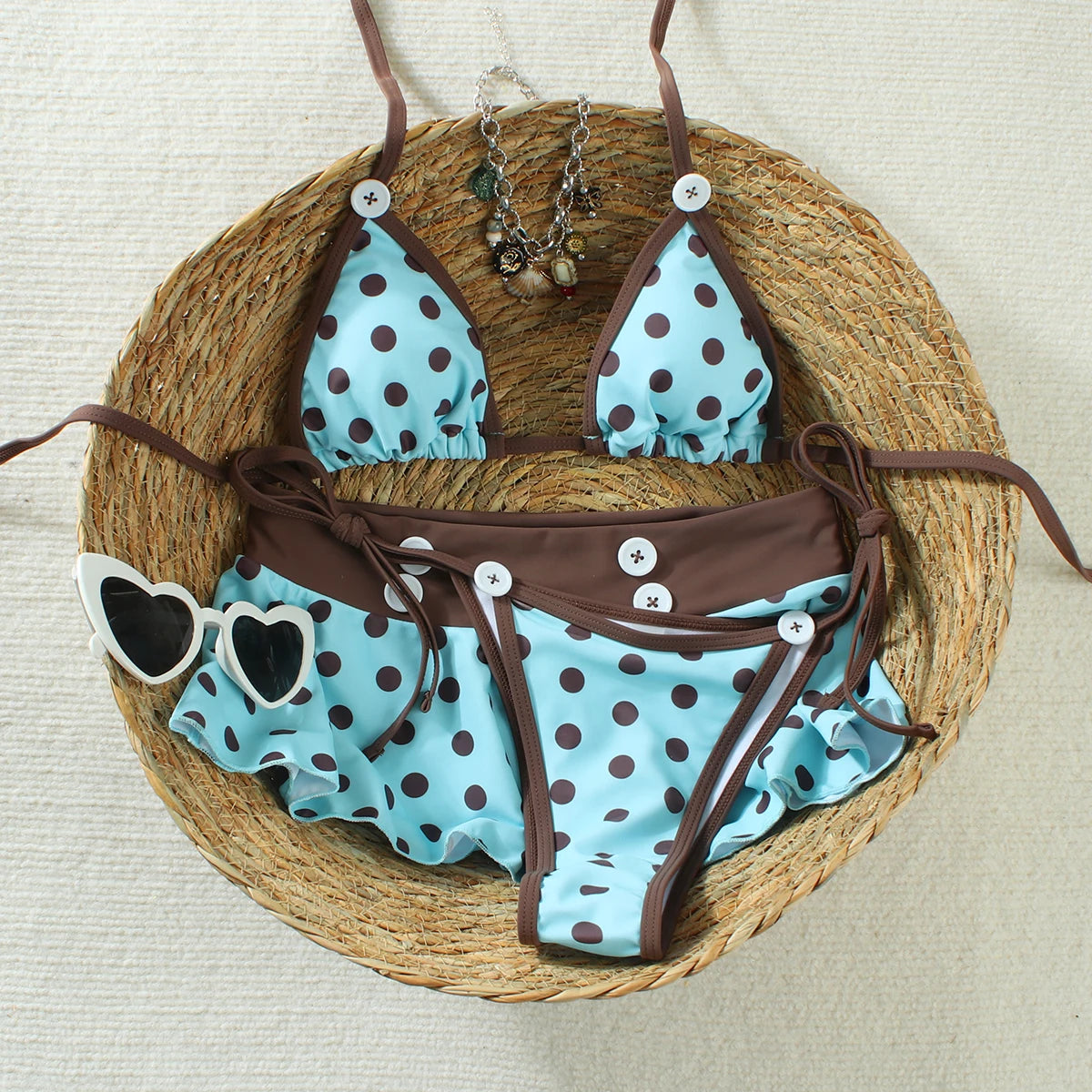 Dot 3 Pieces Bikini Swimsuit with Cover Up Swimwear