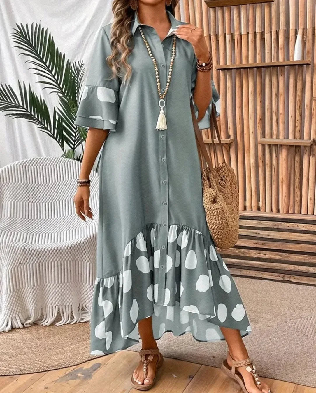 Polka Dot Lapel Shirt Dress with Flared Sleeves