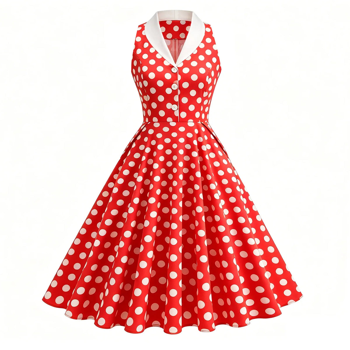 Women 1950s Vintage Polka Dot Swing Dress Contrast White Lapel Sleeveless