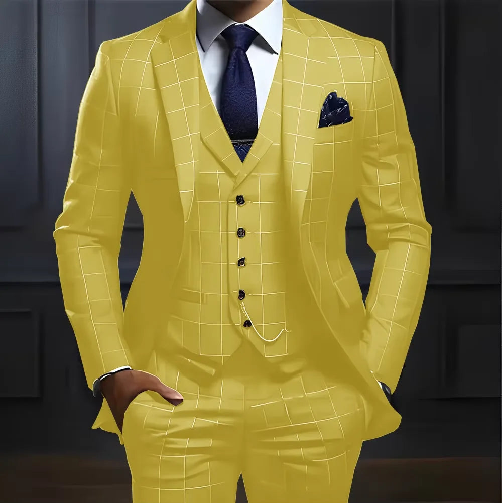 Customized Navy Blue Plaid Men Suits Business Male Blazers Slim Fit Notched Lapel Groom Tuxedos 3 Pcs Sets Handsome Ropa Hombre