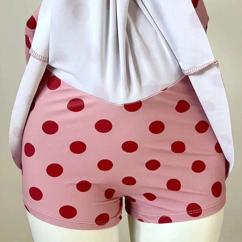 Women Swim Dress Pink Polka Dot One Piece Swimsuit