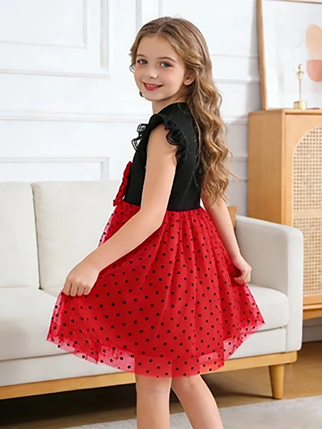 Girls' Black and Red Polka Dot Princess Dress, Summer Flutter Sleeve Bow Tulle Skirt
