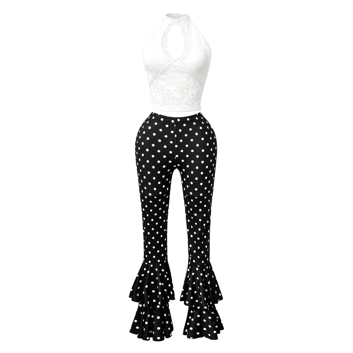 Chic Women Polka Dot Print Two Piece Set Sexy Lace Hole Crop Top+Bodycon