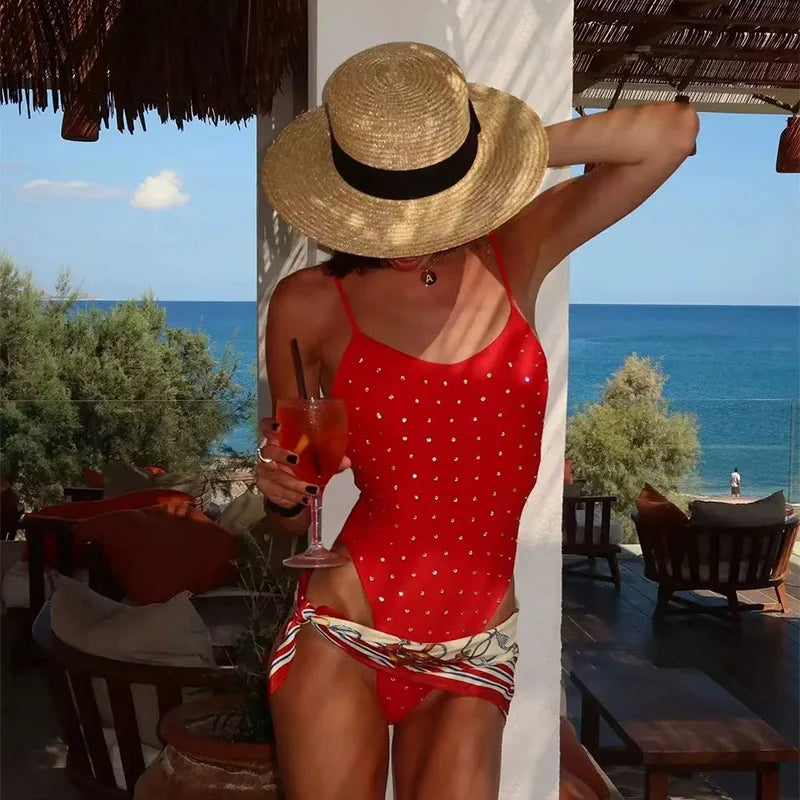 One-piece Swimsuit Suspender Design Red Polka Dot