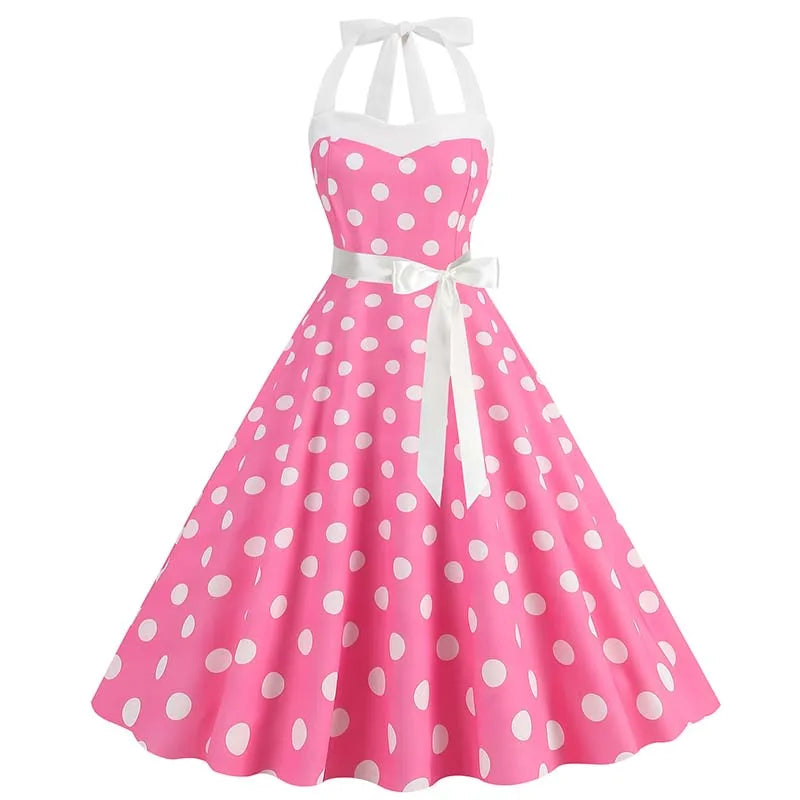 Women Summer Party Dress With Belt Polka Dot Print Halter Hepburn
