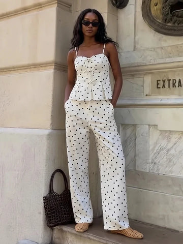 Women's Summer Polka Dots Pants Suit Set Female Front Placket Lace-Up Sexy Camison Top Lady Casual Bucket Long Trousers