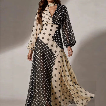 Retro Polka Dot Long-Sleeve V-Neck Maxi Dress