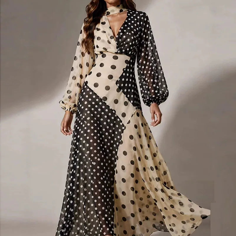 Ladies A-Line Elegant Evening Party Long Dress Retro Polka Dot Contrast Patchwork Maxi Dress Deep V Neck Long Sleeve Slim Dresse