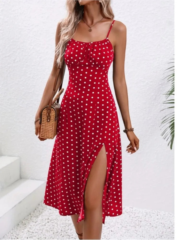 Polka Dot Spaghetti-Strap Midi Dress with Side Slit