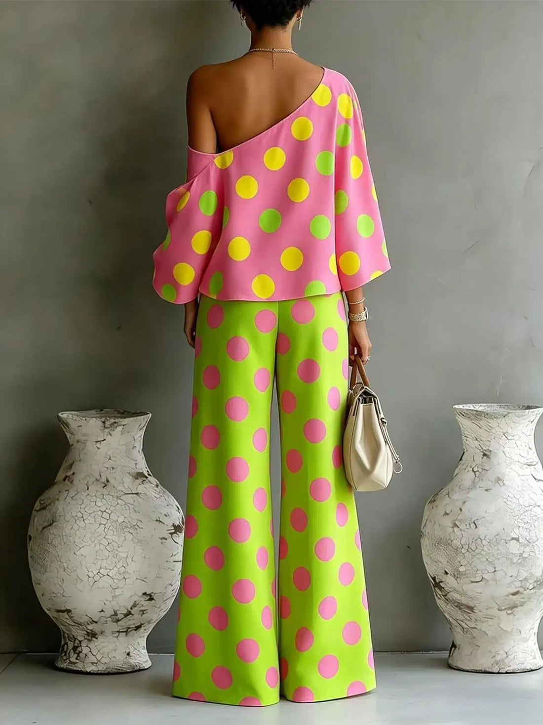 Women Polka Dot Two Piece Outfit Asymmetric Off Shoulder Bell Sleeve Loose Top High Waist Wide Leg Pants Vacation Casual Matchin