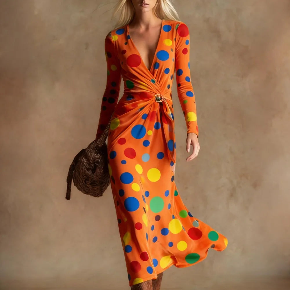 Women's Pink Purple Polka Dot Velvet Maxi Dress Colorful Long Sleeve