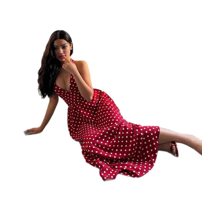 Sexy Deep V-neck Red Polka Dot Hanging Neck Dress