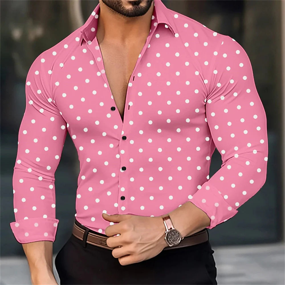 Men's Long Sleeved Polka Dot Printed Lapel Top Button Up