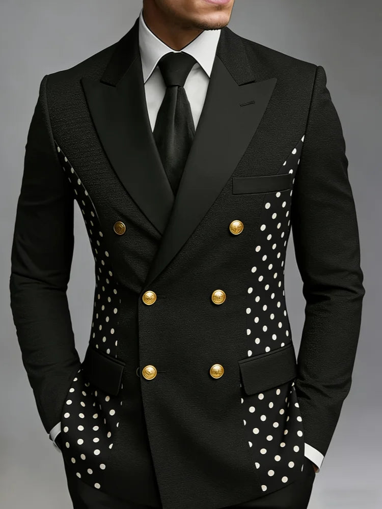 Men Contrast‑Lapel Double‑Breasted Polka‑Dot Spliced Slim‑Fit Evening Party Blazer Jacket