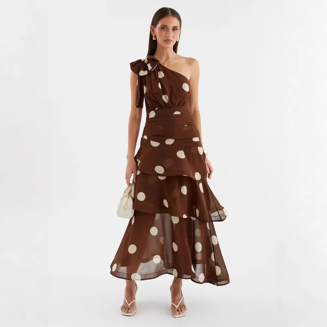 Elegant Polka Dots Print Long Dress Women Bowknot Leace-up Slant Collar Mesh Layered Cake Dresses Fashion Sleeveless Vestidos