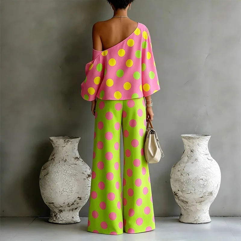 Bright Color Block Polka Dot Two Piece Outfit Women Asymmetrical Off Shoulder Top Loose Trousers Set Elegant Resort Fashion Suit
