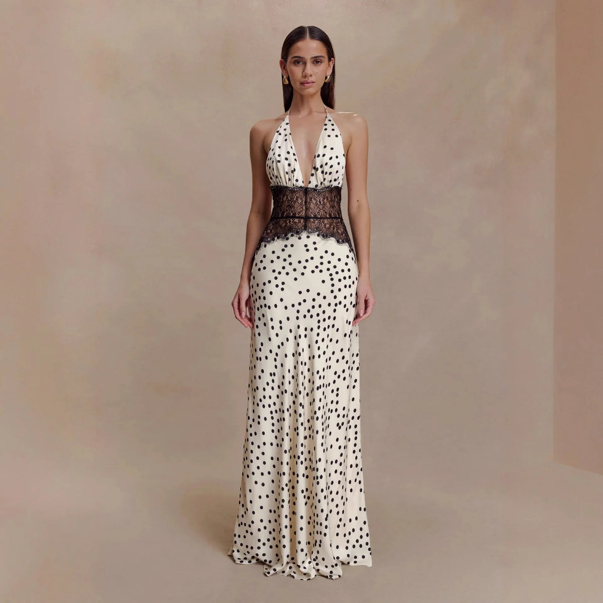 Polka Dot Backless Sexy Maxi Dress Women Gown Patchwork Lace Deep V Neck