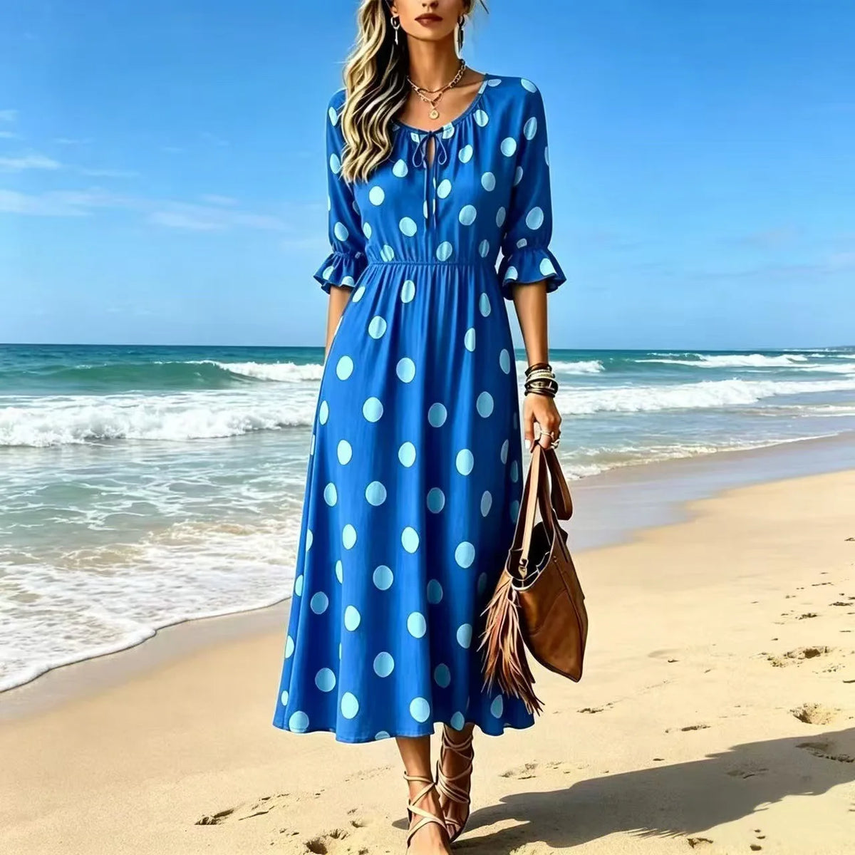Women's New Dress Summer Boho Fashion Waist O-neck Lace-up Slimming