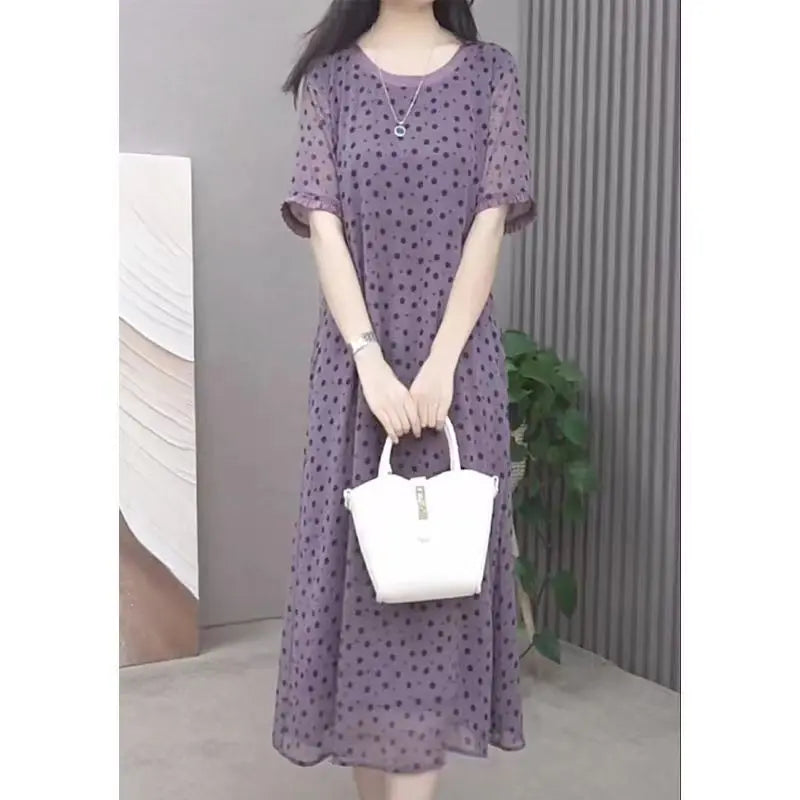 Elegant O-Neck Printed Polka Dot Chiffon Short Sleeve Dress