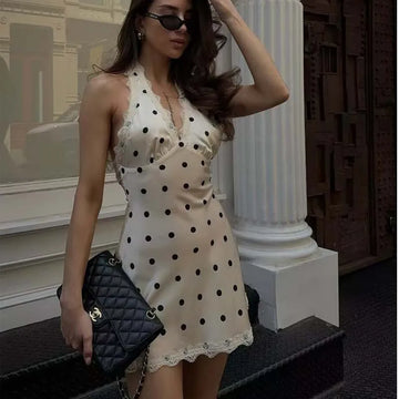 YENKYE Lace Spliced Polka Dot Halter Dress Women