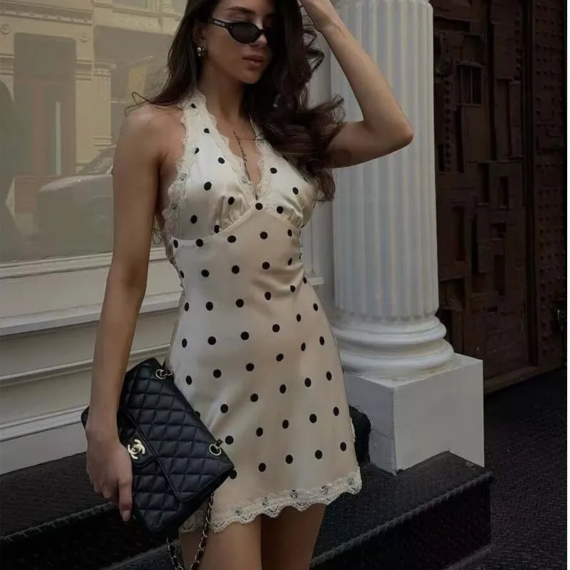 YENKYE Lace Spliced Polka Dot Halter Dress Women