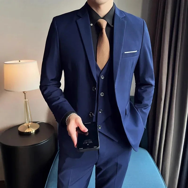 Suit (Blazer+ Vest + Trousers) Men's Fashionable Gentleman Business British Style Solid-color Banquet Host Casual Wedding Suit