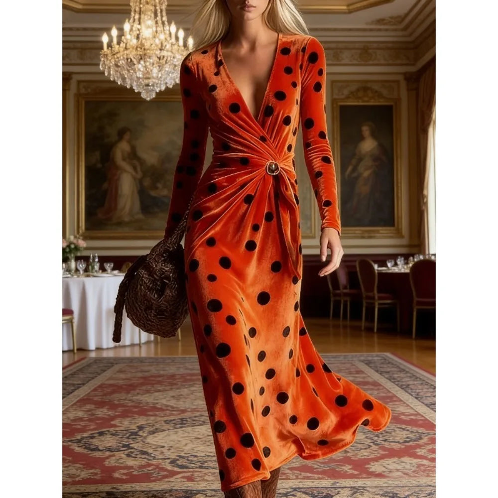 Women's Pink Purple Polka Dot Velvet Maxi Dress Colorful Long Sleeve