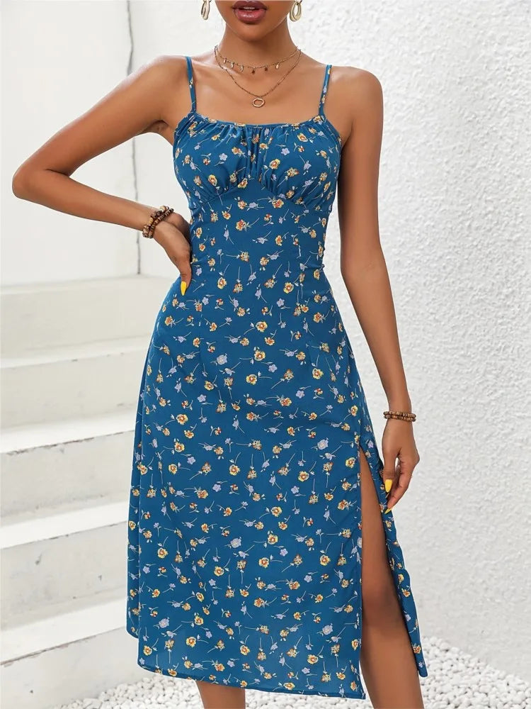 Polka Dot Spaghetti-Strap Midi Dress with Side Slit