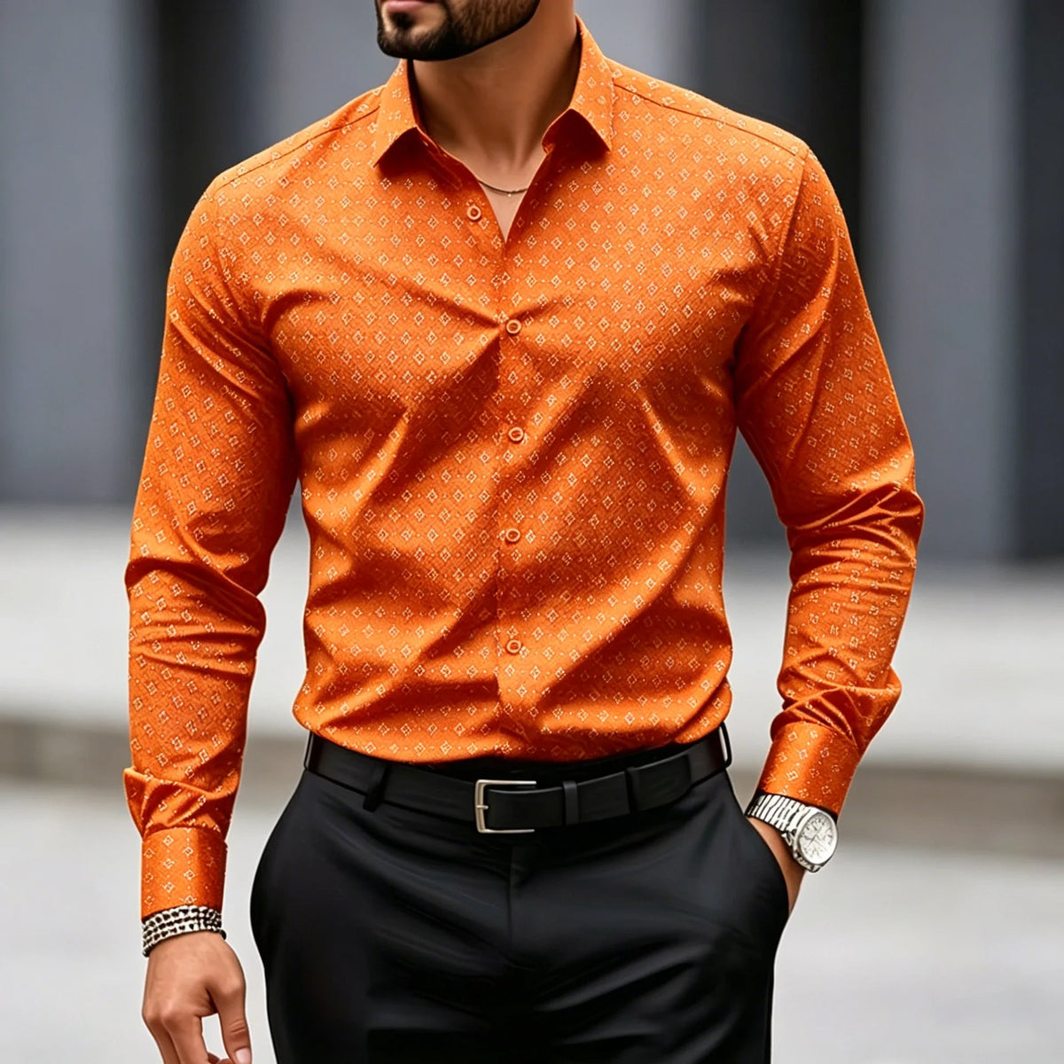 High end black fine geometric polka dot shirt for men slim fit long sleeved business suit