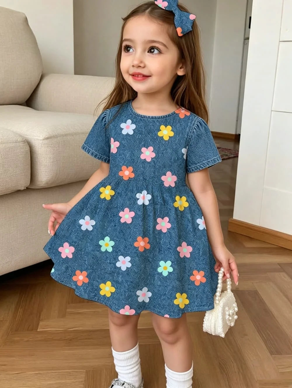 Cute Polka Dot Bow 3D Print Dress for Girls Casual Short Sleeve Dress C