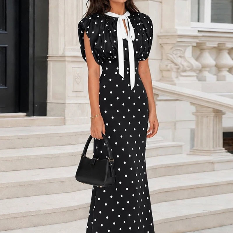 Fashion Polka Dot Wrap Hip Dress Elegant O-Neck Sleeveless Tie Up Office