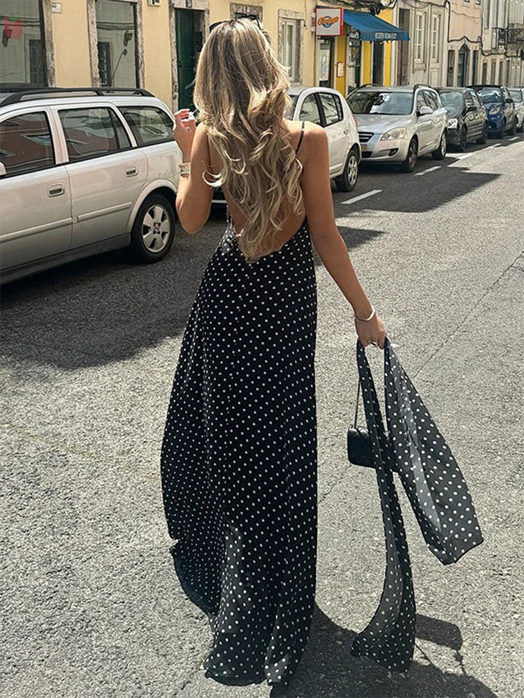 Summer Dresses Women's Polka Dot Long Dress Scarf Ribbon Ruffle Halter