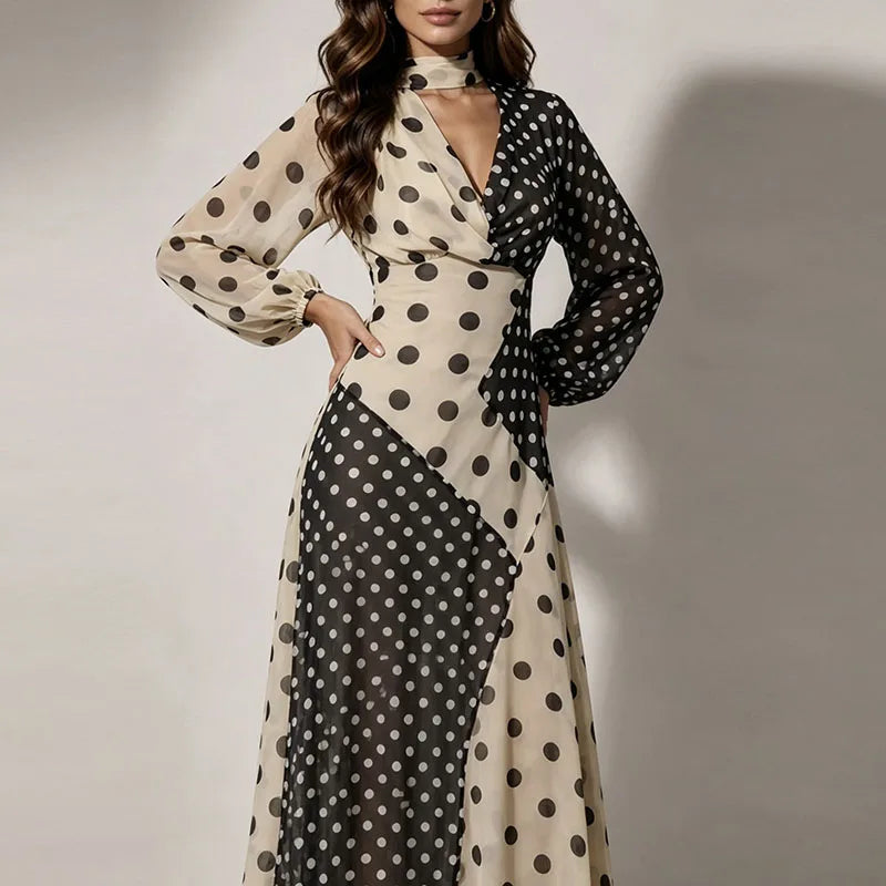 Retro Polka Dot Long-Sleeve V-Neck Maxi Dress