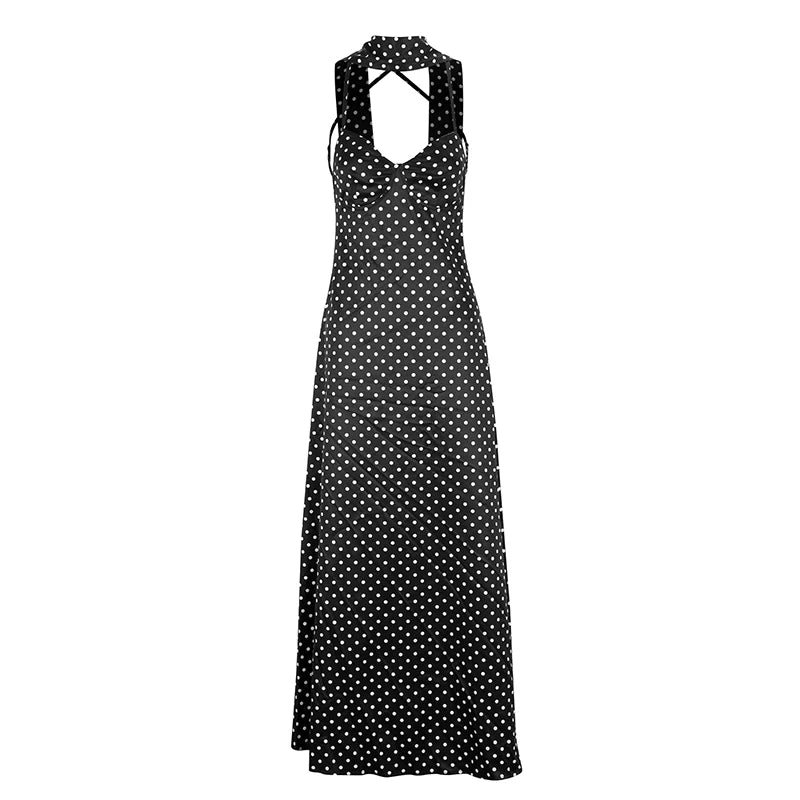 Summer Dresses Women's Polka Dot Long Dress Scarf Ribbon Ruffle Halter