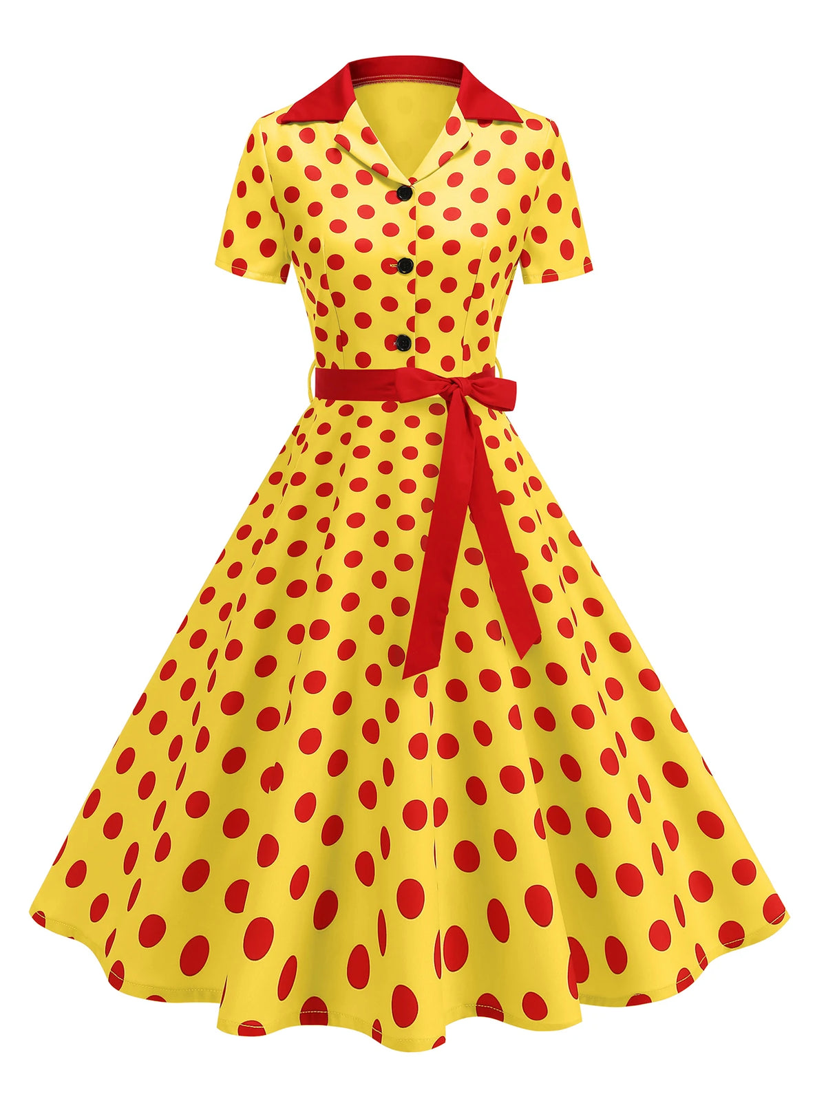 Tonval Contrast Notched Collar and Belt Polka Dot 50s Women Dresses