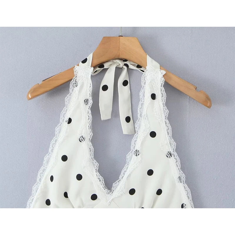 YENKYE Lace Spliced Polka Dot Halter Dress Women