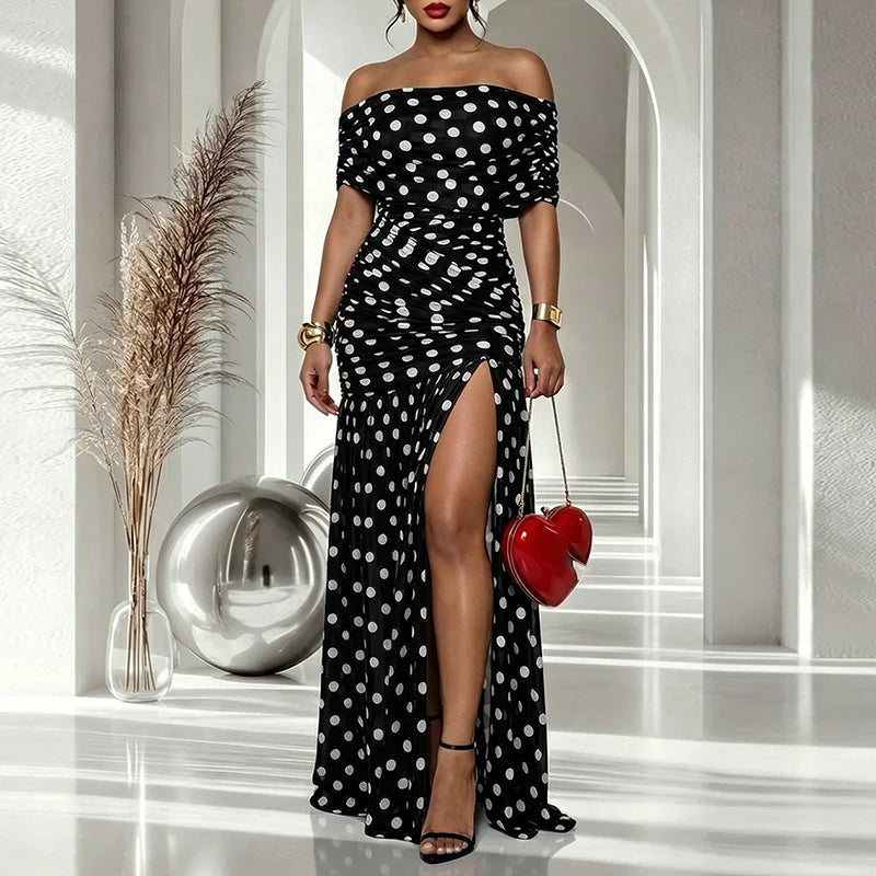 Polka Dot Mesh Off-Shoulder Pleated Party Dress