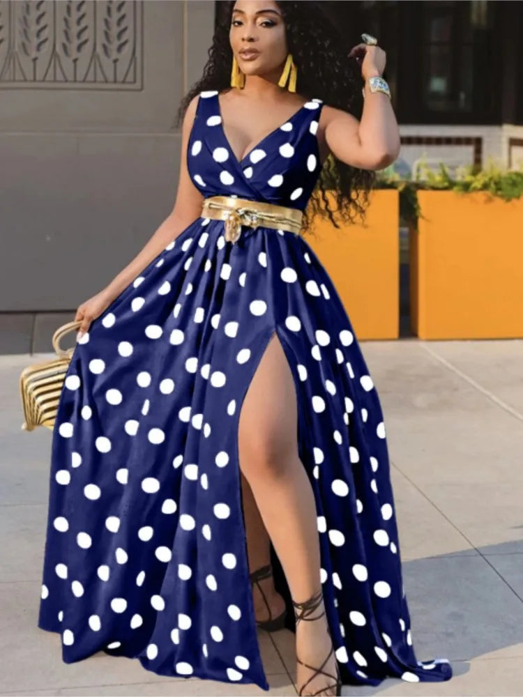 Sexy Deep V Neck Polka Dot Long Dress For Women Summer Boho Sleeveless