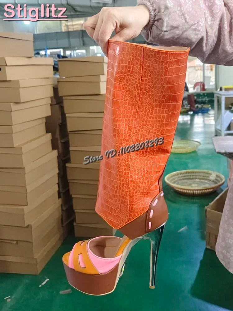 Sexy Polka Dots Knee-high Sandals Patchwork Leather Peep Toe Metal Heel
