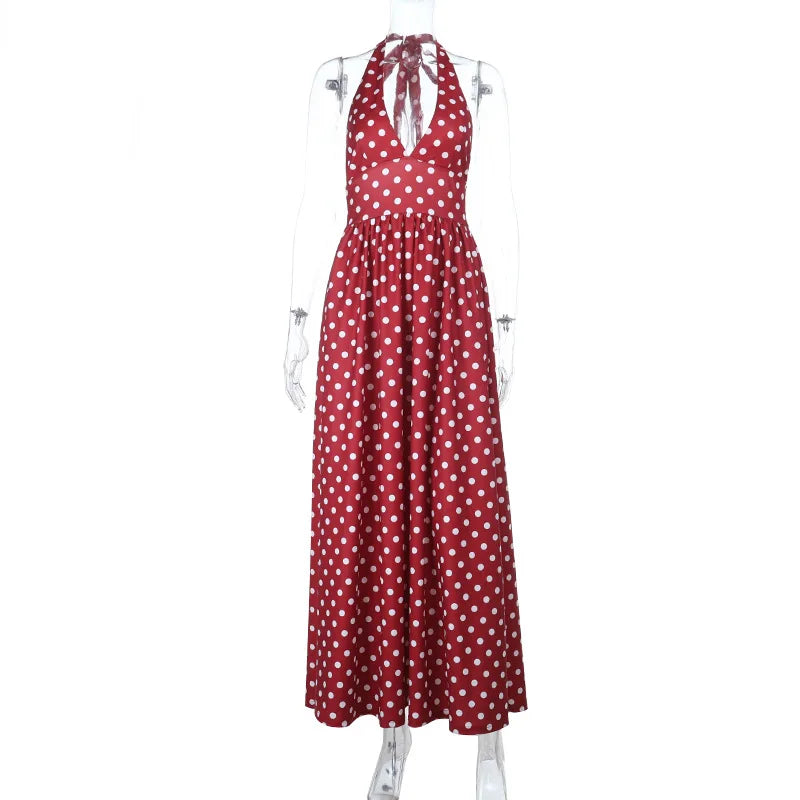 Sexy Deep V-neck Red Polka Dot Hanging Neck Dress