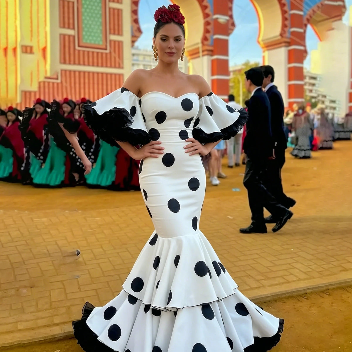 Customized Modern Evening Dress Long Sleeves Polka Dot Spanish Prom