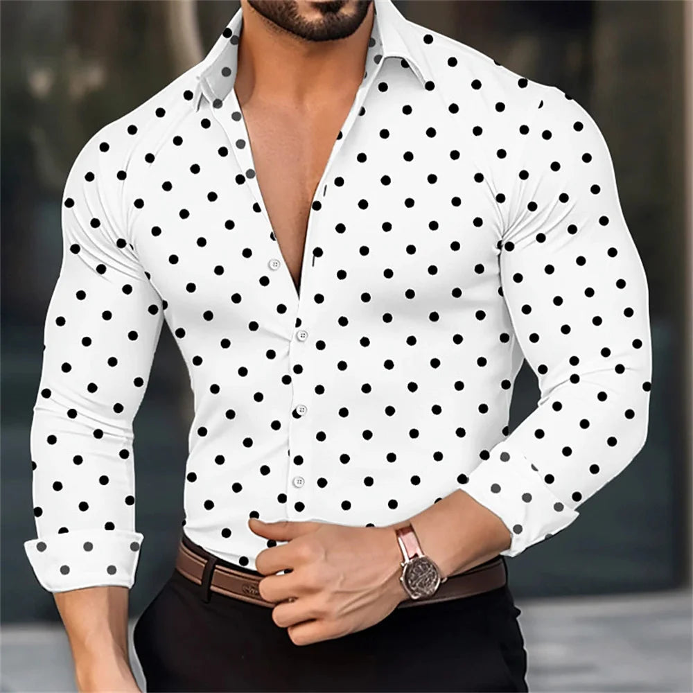 Men's Long Sleeved Polka Dot Printed Lapel Top Button Up