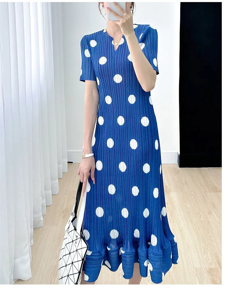 Beautiful Womens Dresses Evening Dresses Miyake Summer Ladies Polka-dot V-neck
