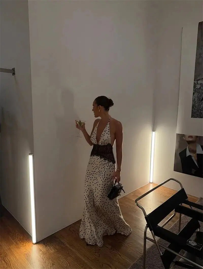 Polka Dot Backless Sexy Maxi Dress Women Gown Patchwork Lace Deep V Neck Sleeveless Halter Dress Ladies Party Club Long Dresses