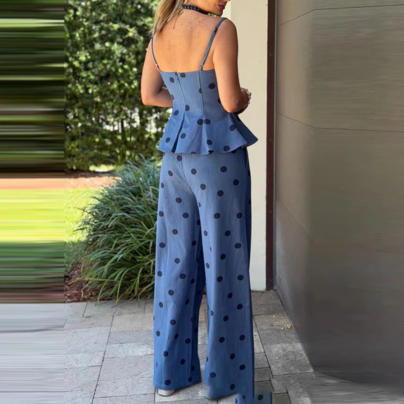 Fashion Polka Dot Print Chic 2Pc Sets Sexy Sleeveless Pocket Women Outfits Elegant Off Shoulder Spaghetti Strap Top & Pant Suit