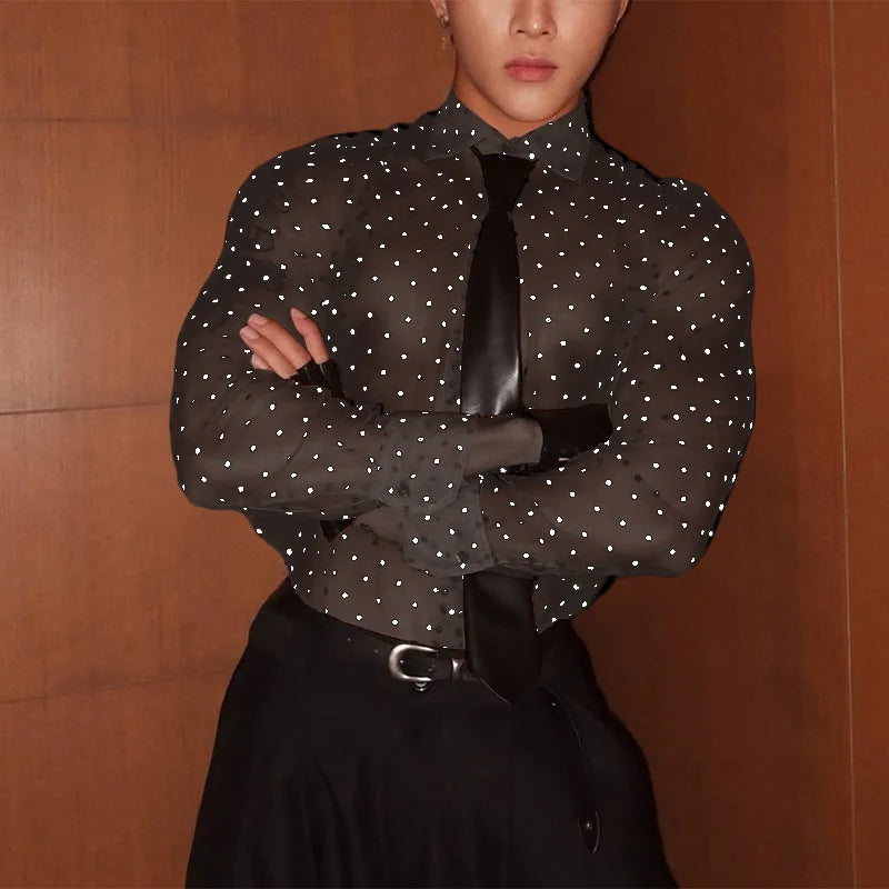 INCERUN Men Shirt Polka Dot Printing Lapel Long Sleeve