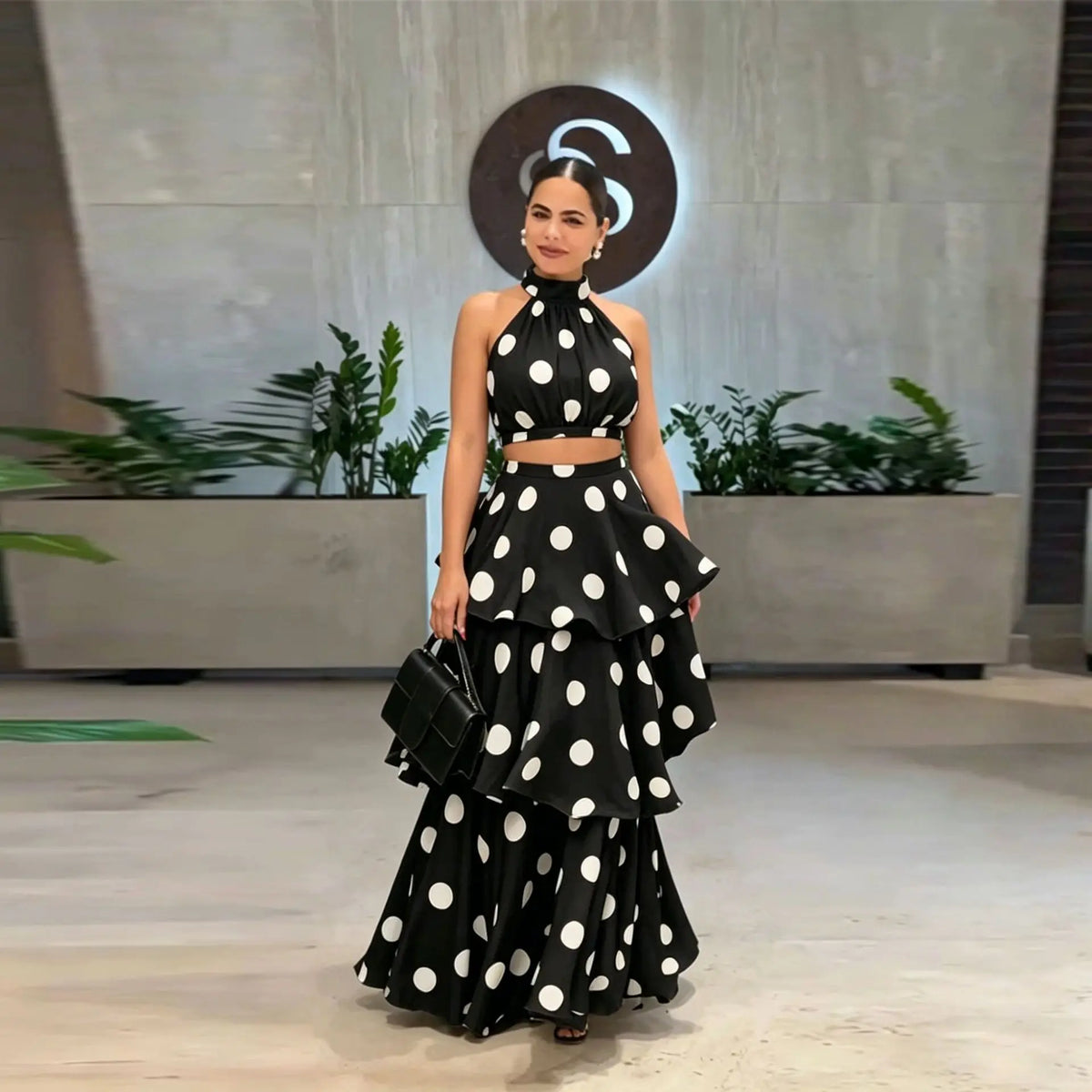French Retro Holiday Women Long 2 Piece Elegant Polka Dot Sleeveless