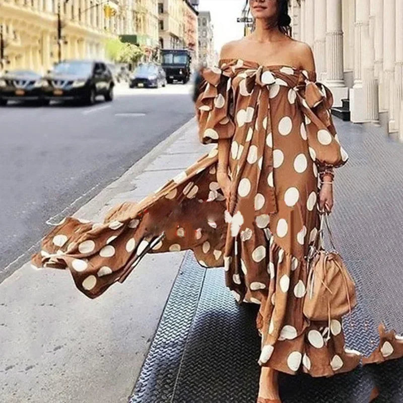 Spring Summer Dresses for Women Sexy Off-the-shoulder Polka Dot Long Dress